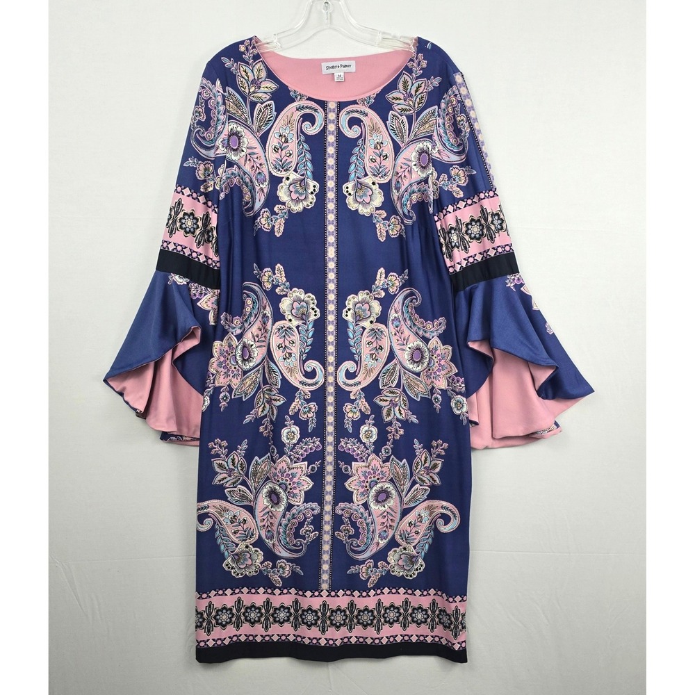 Shelby & Palmer 3/4 Flared Sleeve Boat Neck Paisley Print Purple‎ Multi Dress 14